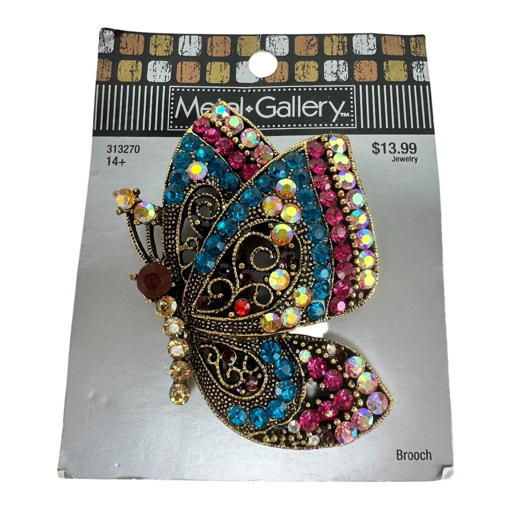 Metal Gallery Crystal Rhinestone Butterfly Brooch on Card